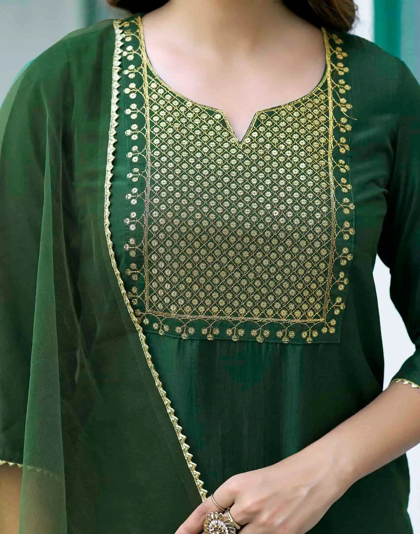 Silk Blend Dyed, Sequence Embroidery Work and Gota Lace Straight Kurta with Pant & Dupatta