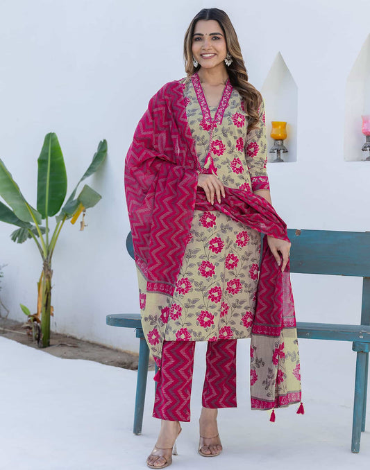 Cotton Printed Straight Kurta with Pant & Dupatta