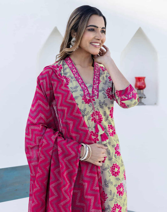 Cotton Printed Straight Kurta with Pant & Dupatta