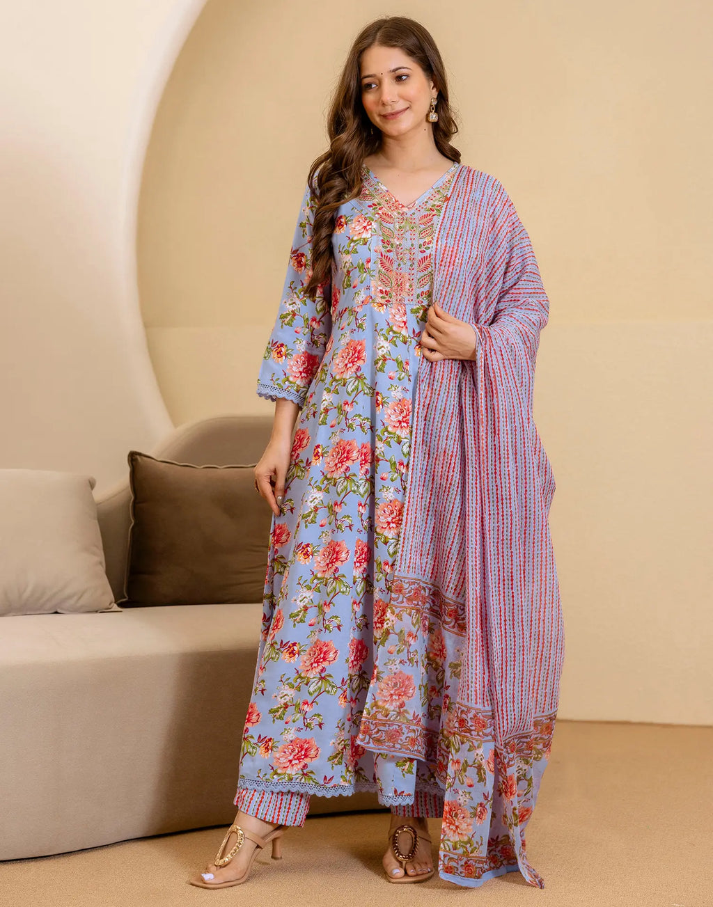 Viscose Rayon Floral Print Anarkali 3 Piece Kurta Set