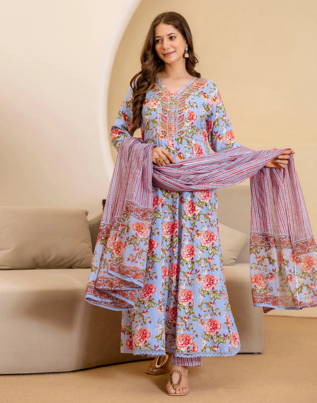 Viscose Rayon Floral Print Anarkali 3 Piece Kurta Set