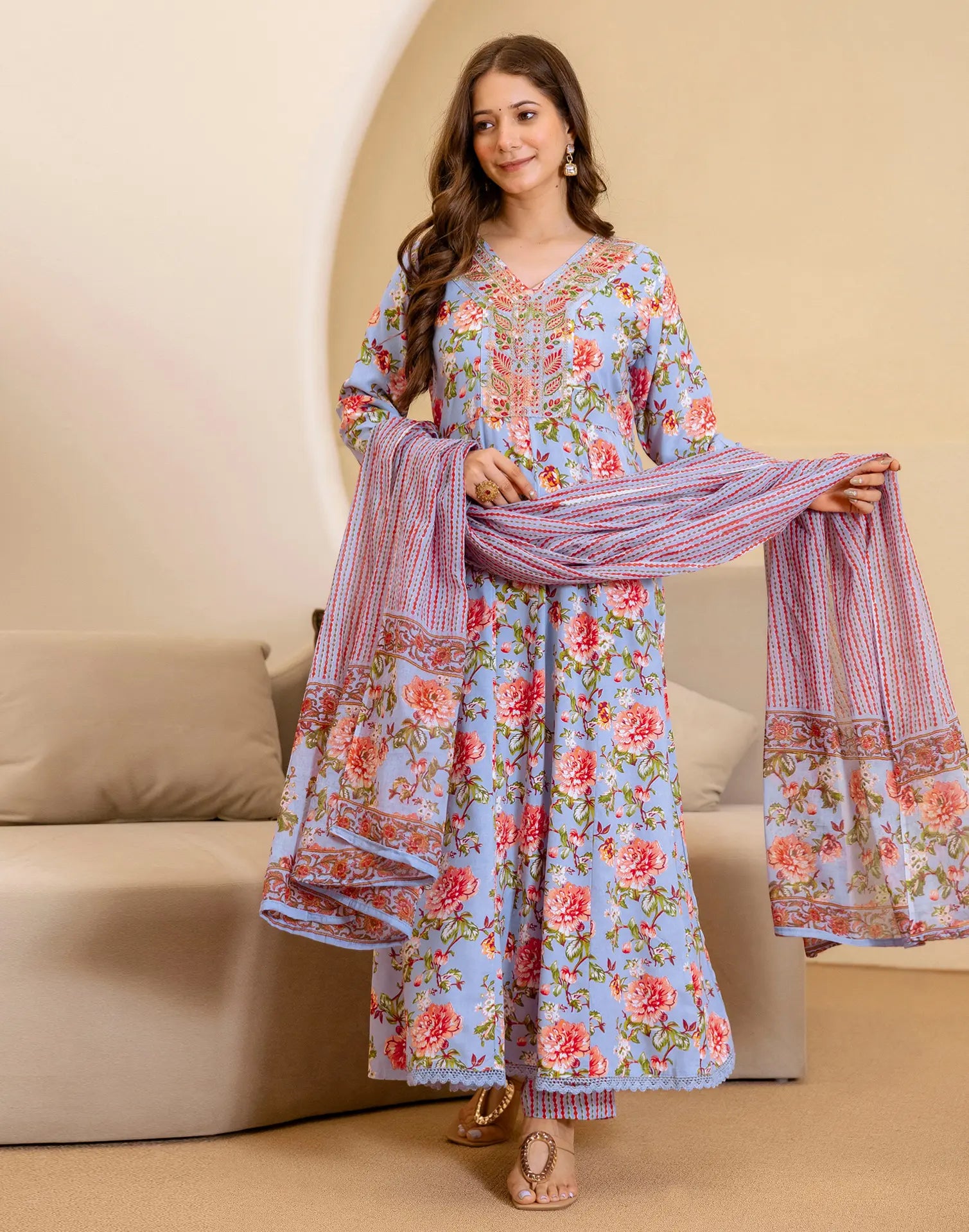 Viscose Rayon Floral Print Anarkali 3 Piece Kurta Set