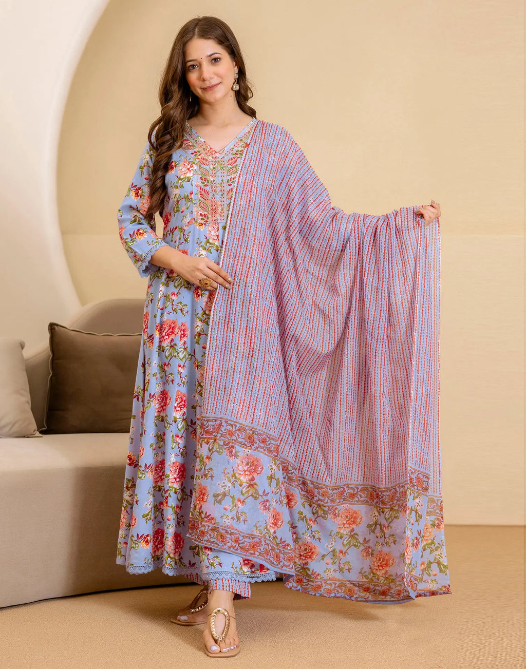 Viscose Rayon Floral Print Anarkali 3 Piece Kurta Set