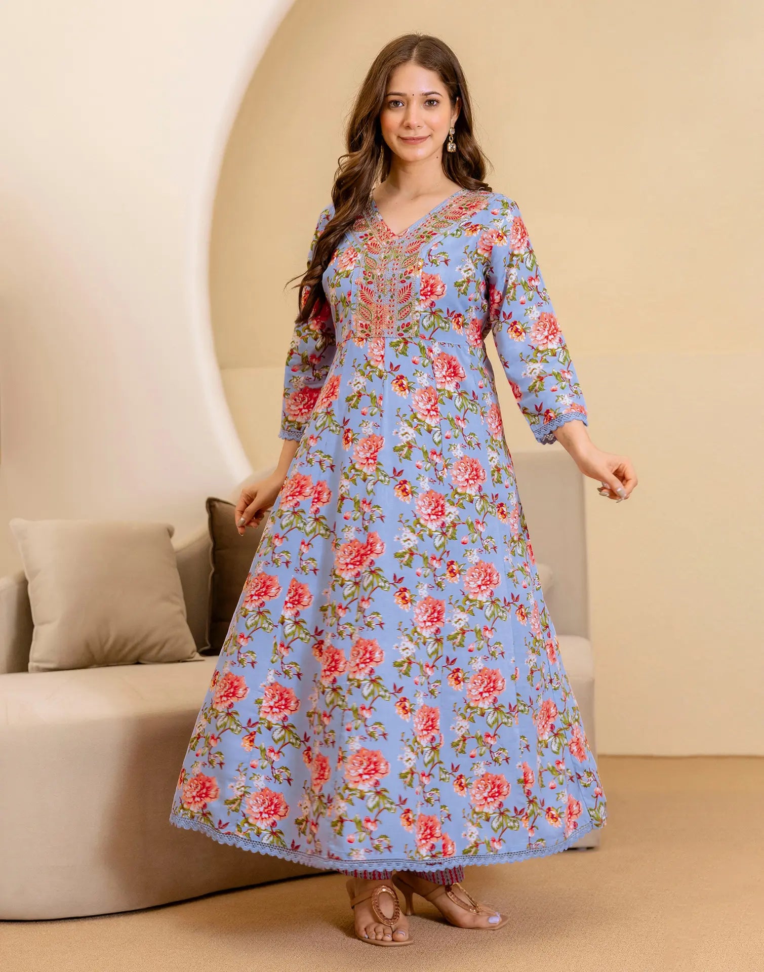 Viscose Rayon Floral Print Anarkali 3 Piece Kurta Set