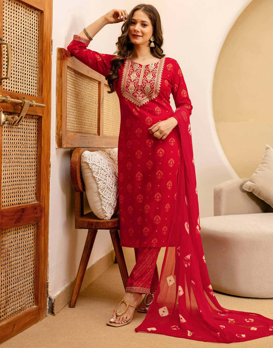 Cotton Embroidered Straight Kurta with Pant & Dupatta