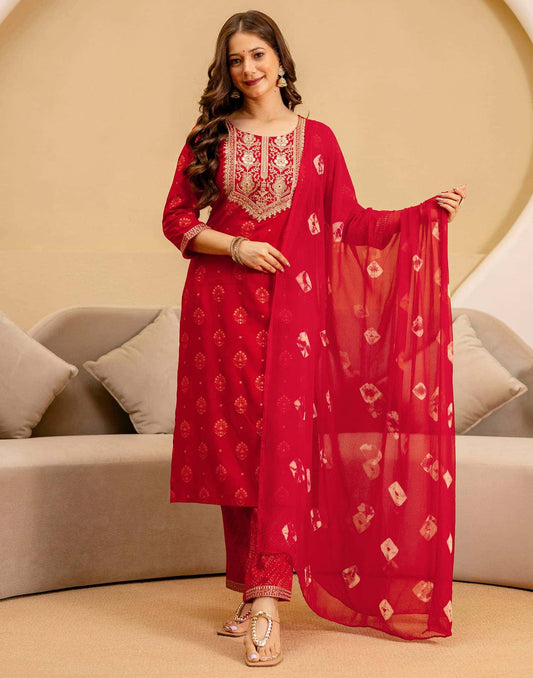 Cotton Embroidered Straight Kurta with Pant & Dupatta