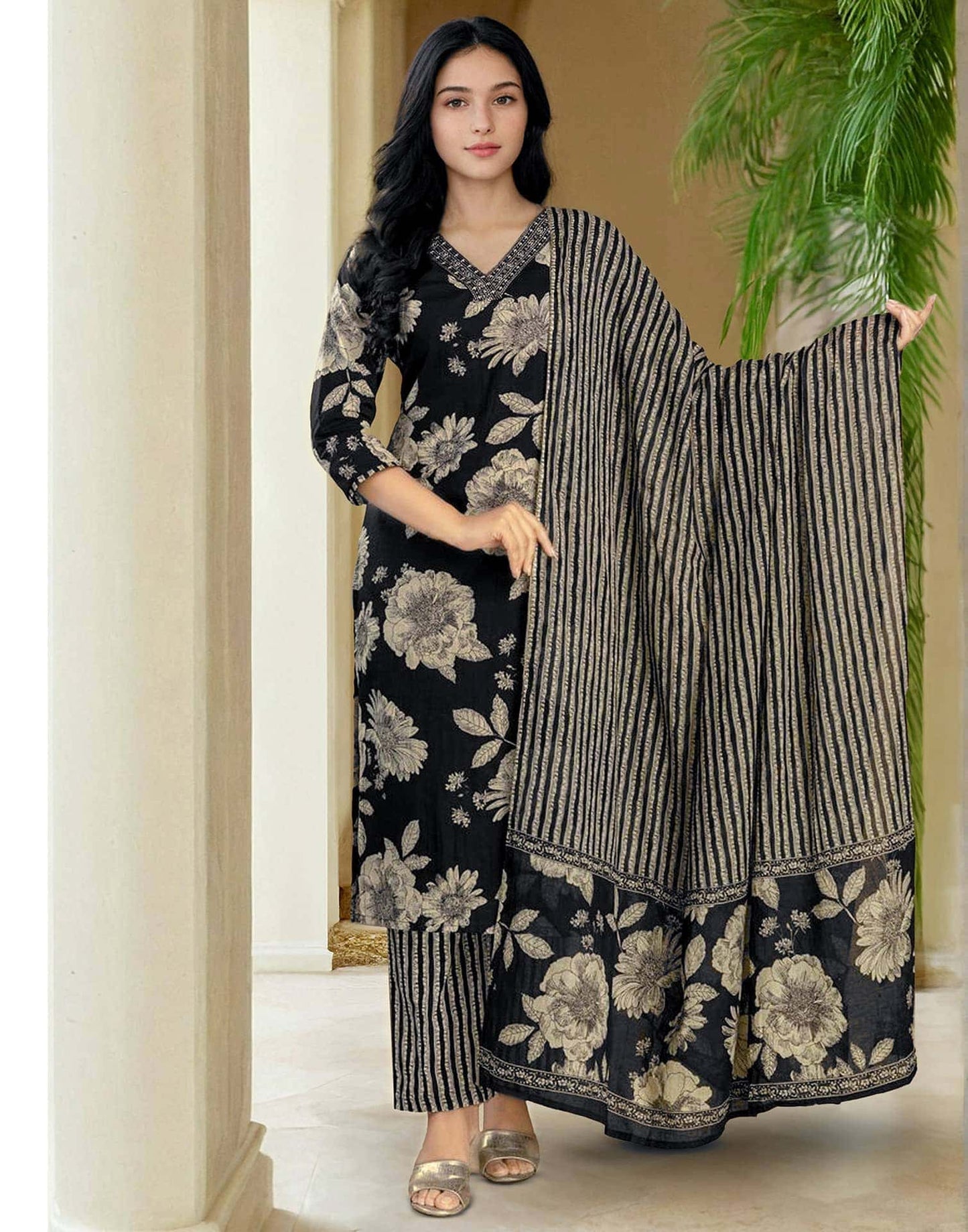 Cotton Printed Straight Kurta with Pant & Dupatta
