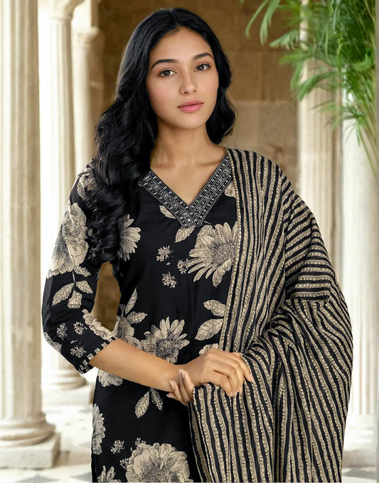 Viscose Rayon Floral Print Straight 3 Piece Kurta Set