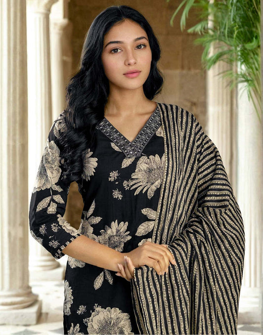 Cotton Printed Straight Kurta with Pant & Dupatta