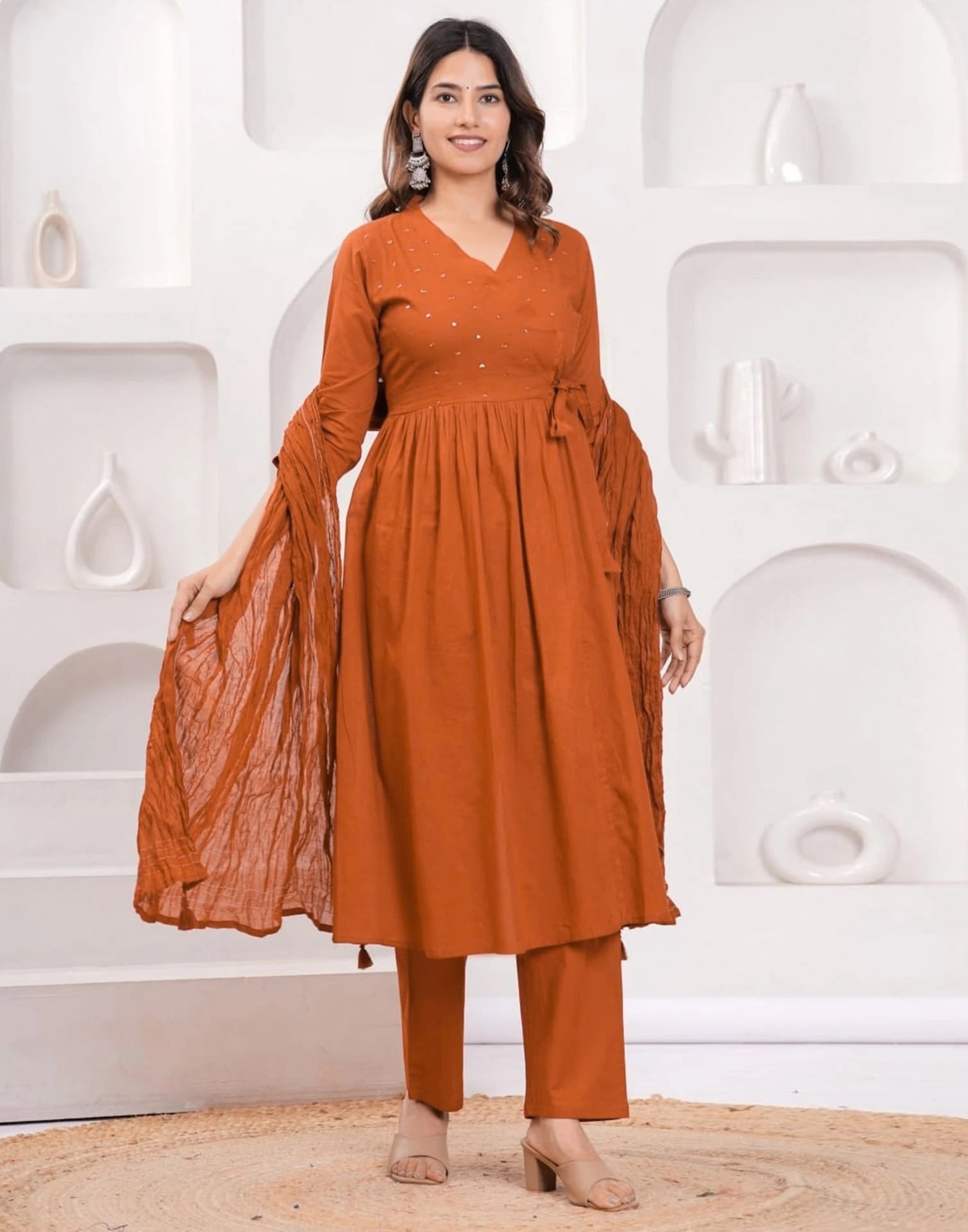 Skylee Pure Cotton Sequins Angarkha 3 Piece Kurta Set For Woman