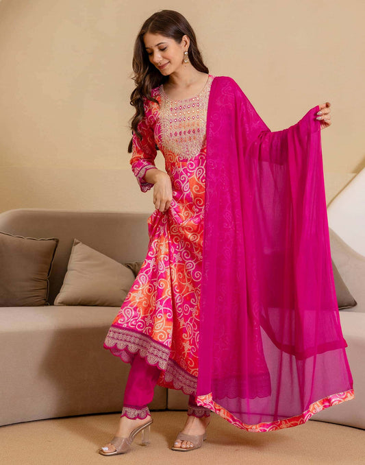 Rayon Printed Anarkali Kurta with Pant & Dupatta