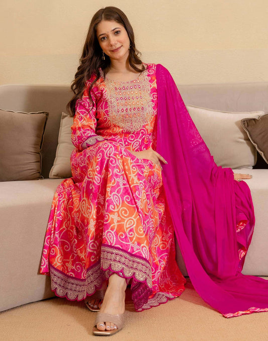 Rayon Printed Anarkali Kurta with Pant & Dupatta