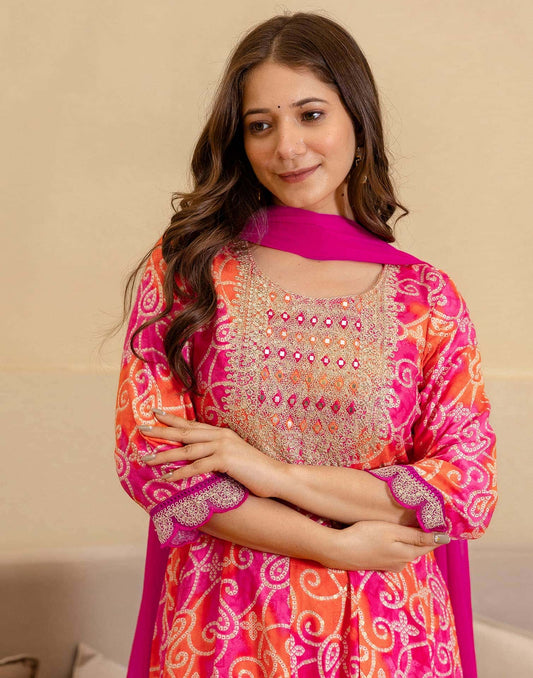 Rayon Printed Anarkali Kurta with Pant & Dupatta
