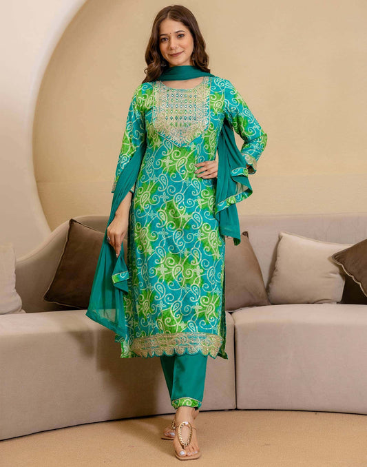 Rayon Printed Straight Kurta with Pant & Dupatta