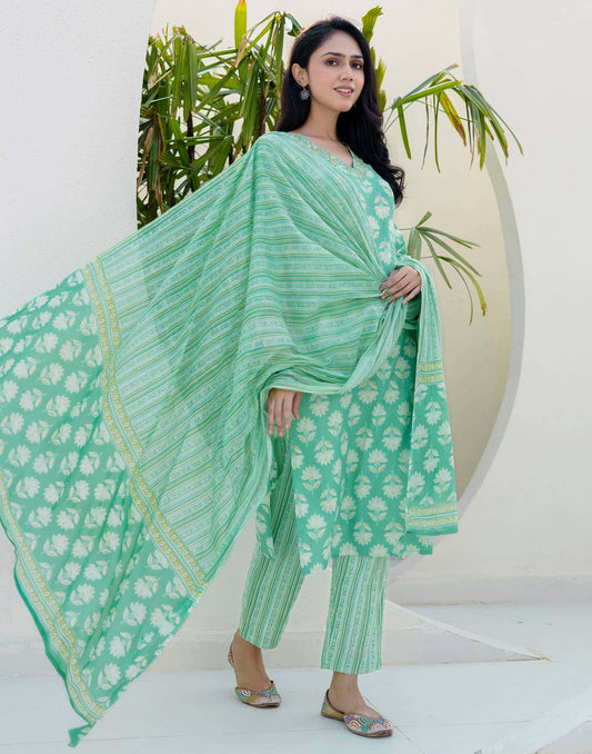 Cotton Printed, Embroidery and Mirror Work, Lace Straight Kurta with Pant & Dupatta