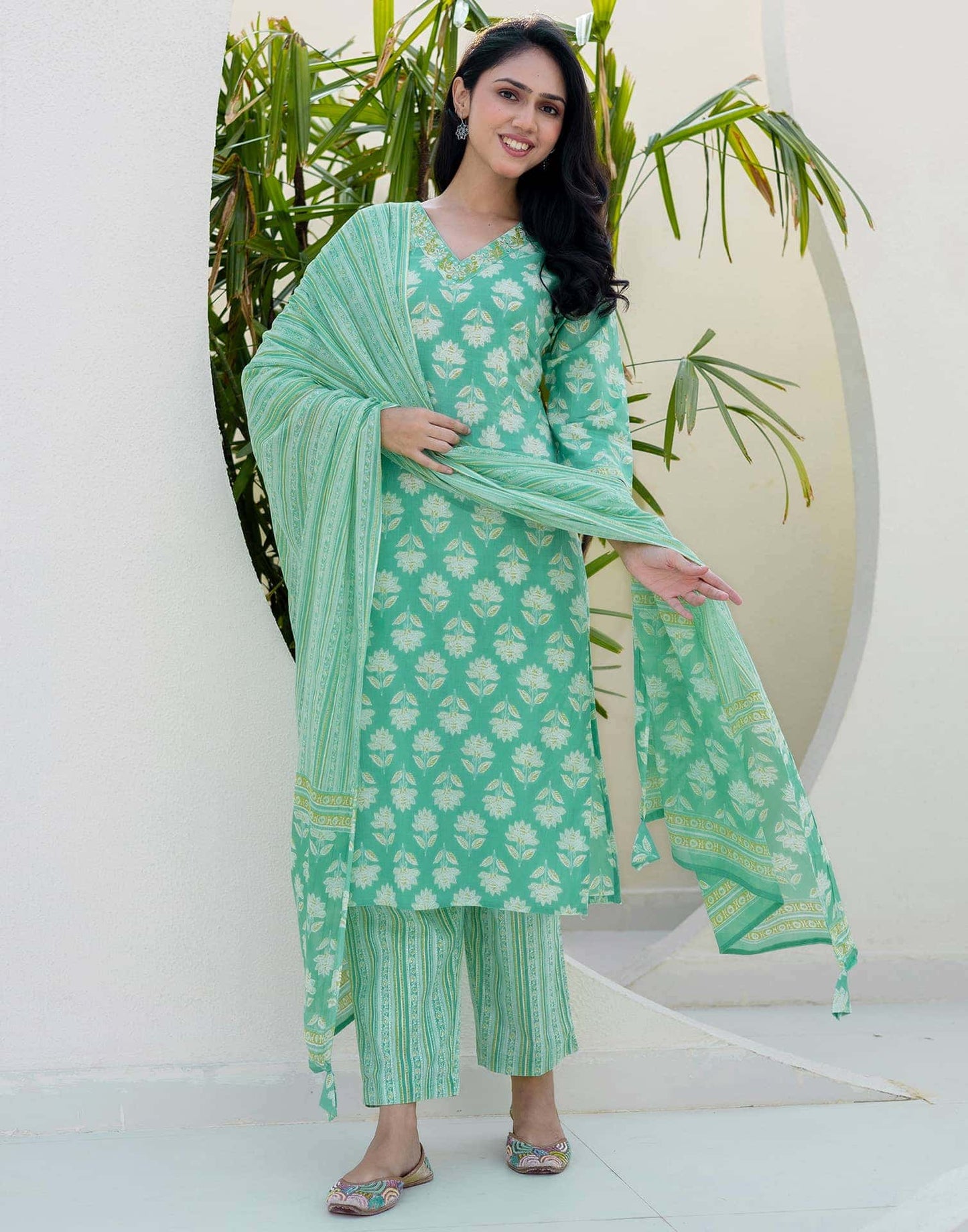 Cotton Printed, Embroidery and Mirror Work, Lace Straight Kurta with Pant & Dupatta