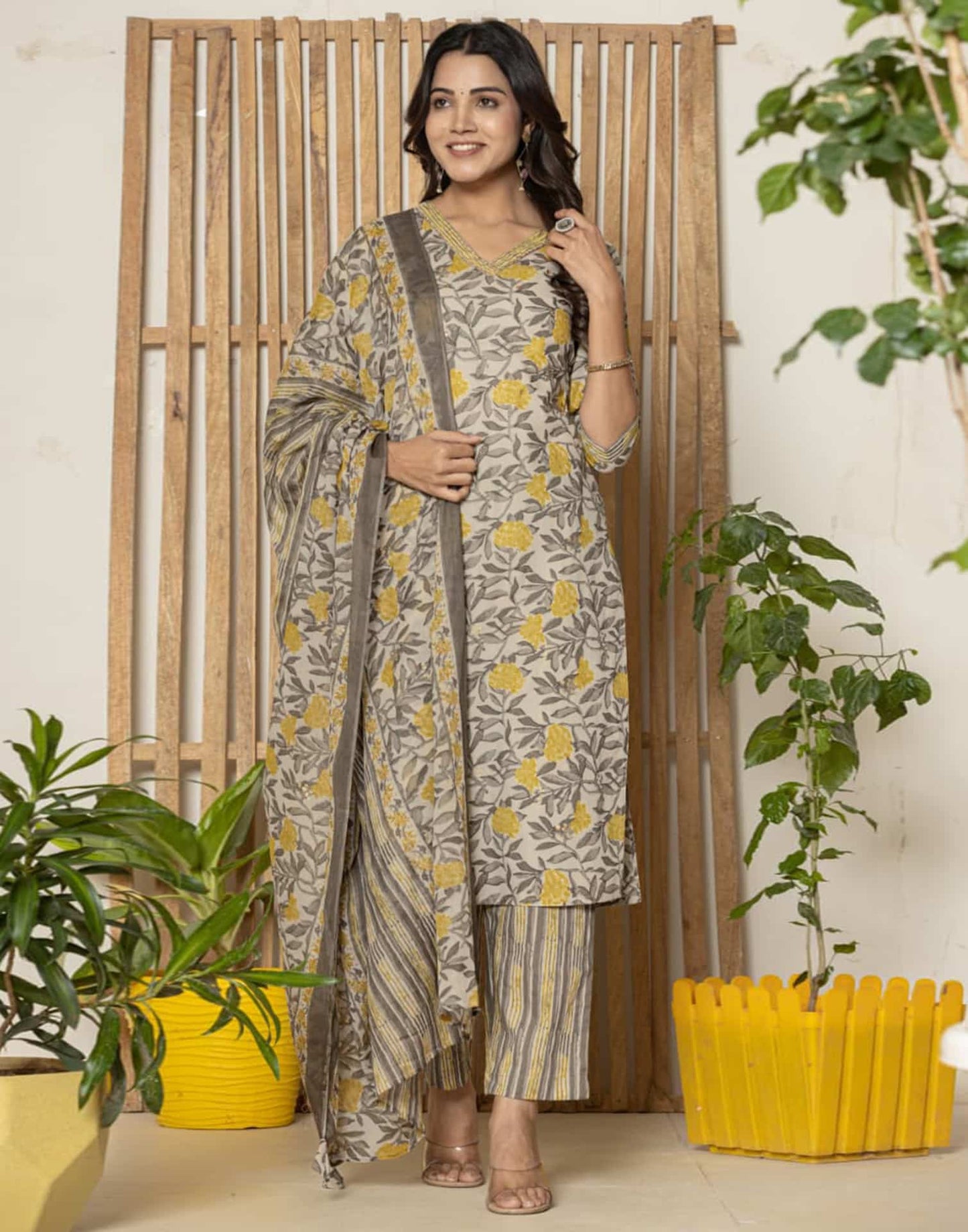 Cotton Straight Printed V-Neck Kurta with Pant & Dupatta