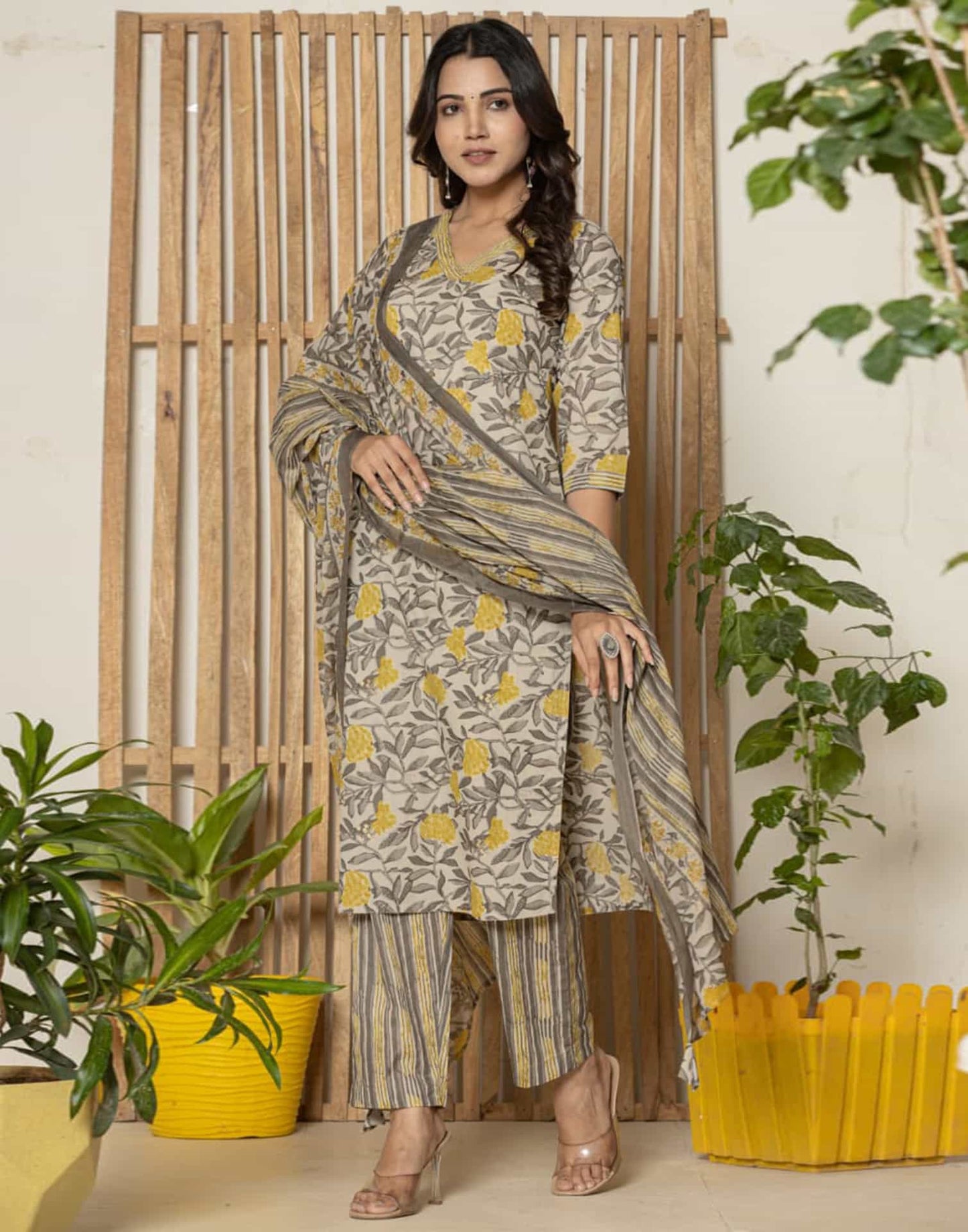 Cotton Straight Printed V-Neck Kurta with Pant & Dupatta