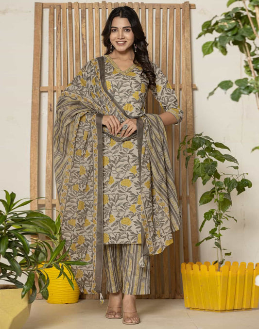 Cotton Straight Printed V-Neck Kurta with Pant & Dupatta