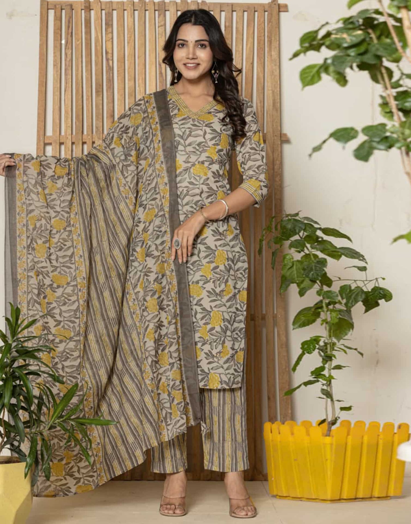 Cotton Straight Printed V-Neck Kurta with Pant & Dupatta