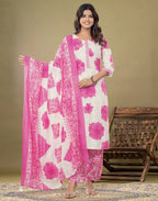 Skylee Cotton Floral Print Straight 3 Piece Kurta Set For Woman