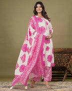 Skylee Cotton Floral Print Straight 3 Piece Kurta Set For Woman