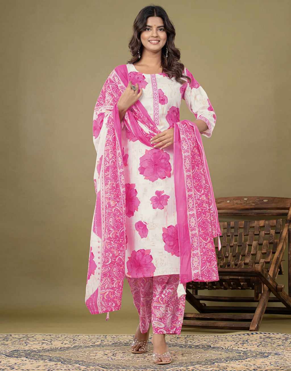 Skylee Cotton Floral Print Straight 3 Piece Kurta Set For Woman