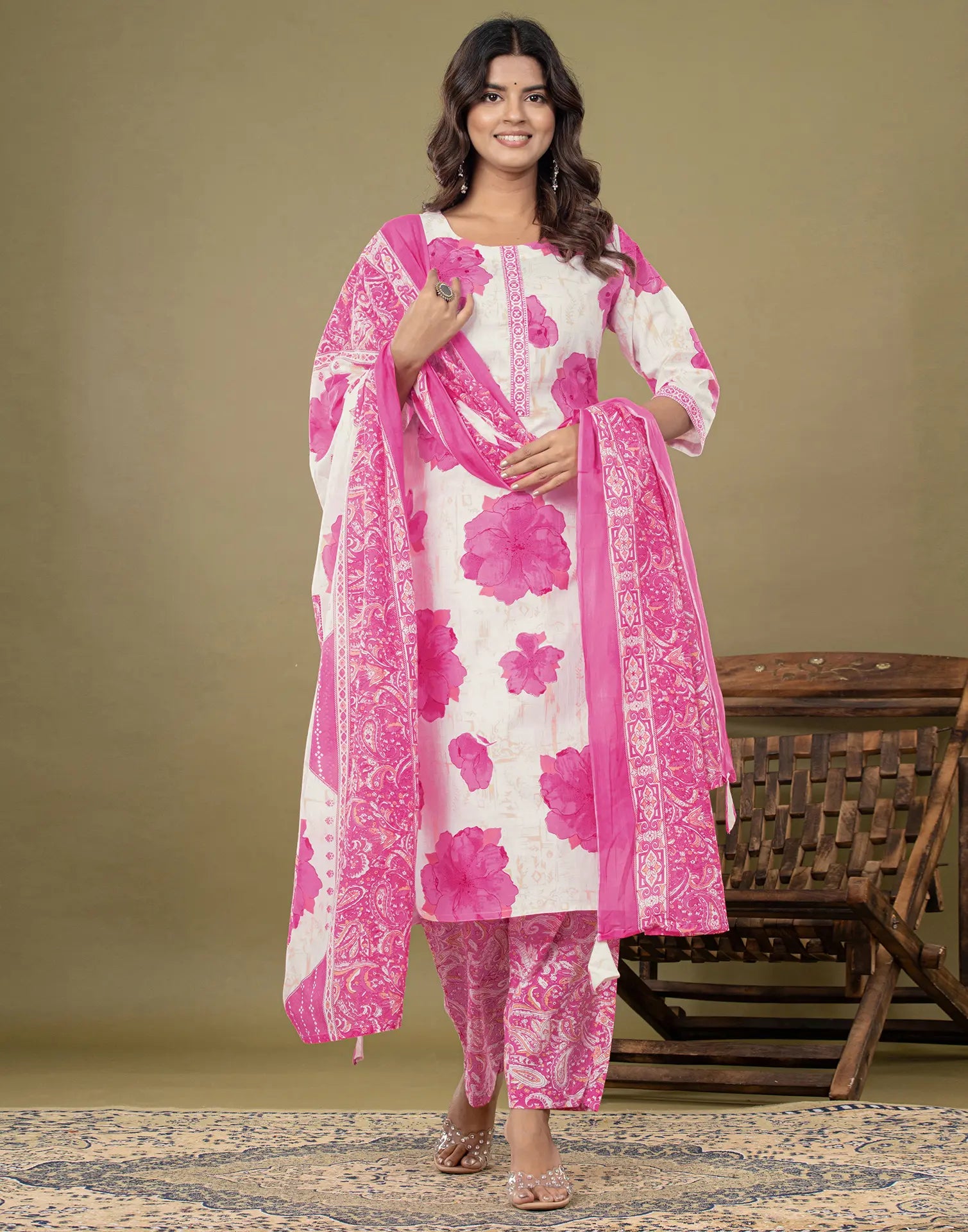 Skylee Cotton Floral Print Straight 3 Piece Kurta Set For Woman