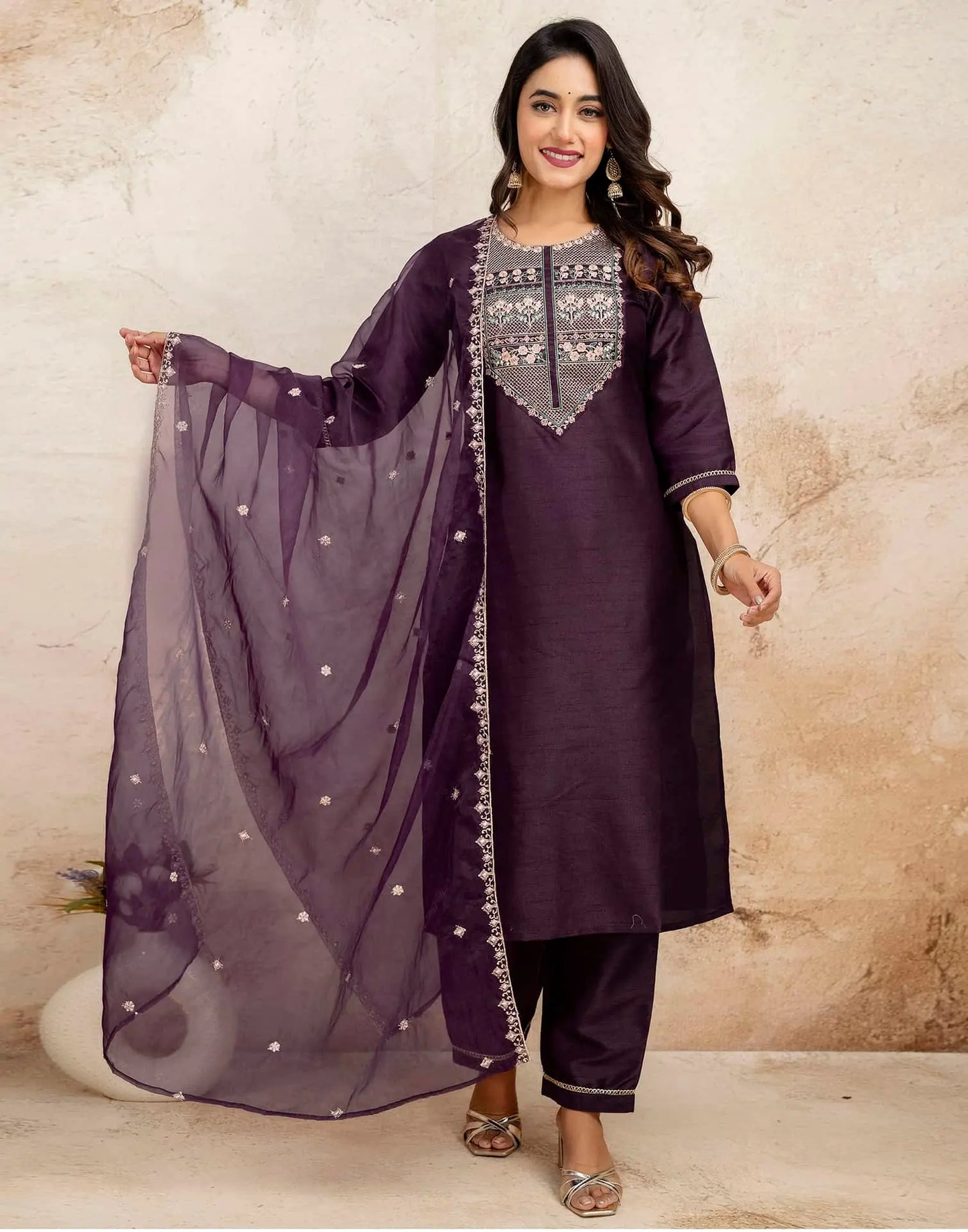 Purple Silk Sequence Embroidered Straight Kurta Set with Pant and Dupatta – Elegant Wedding & Festive Wear for Women