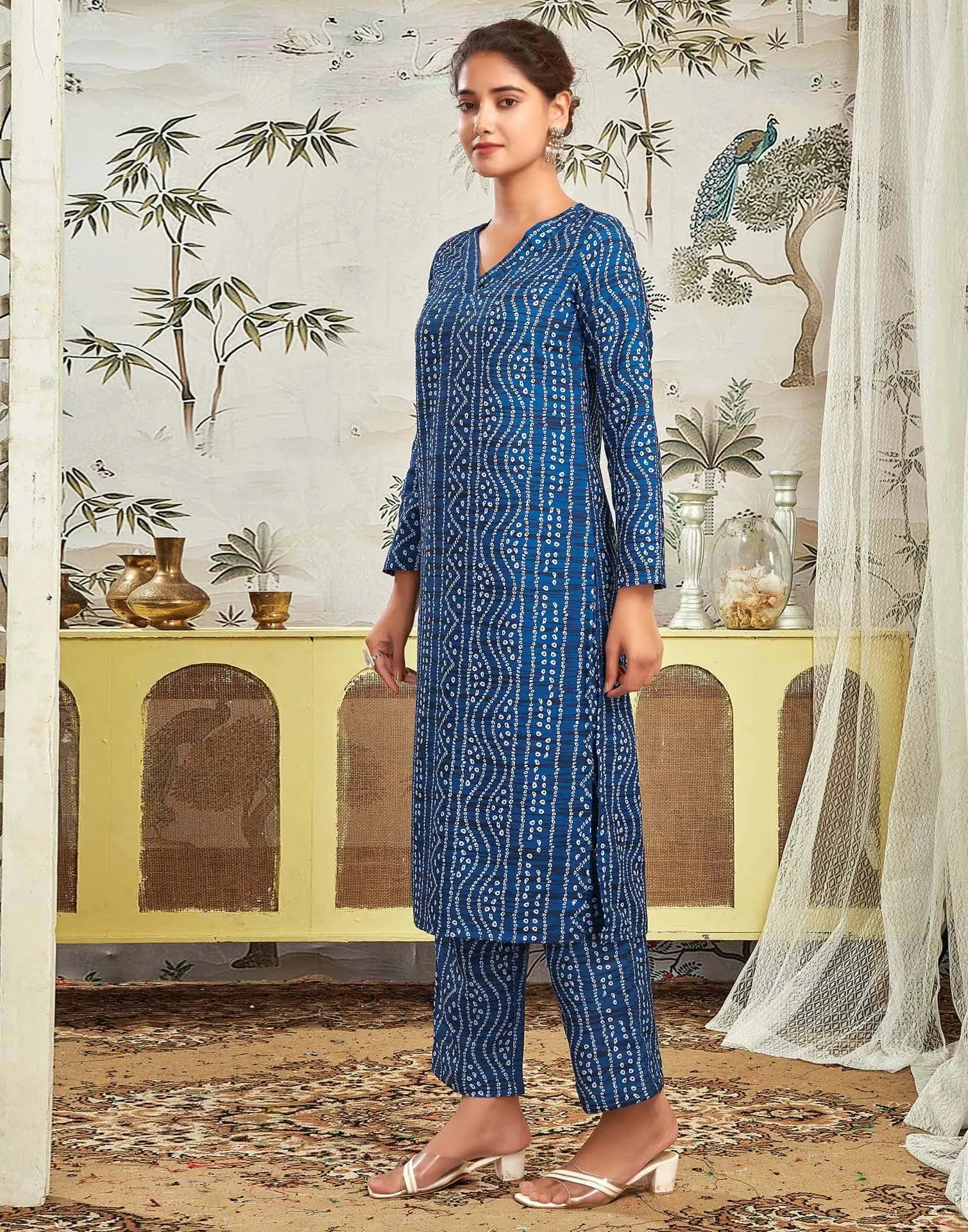Affordable Dark Blue Bandhani Printed Rayon Kurta set with dupatta 