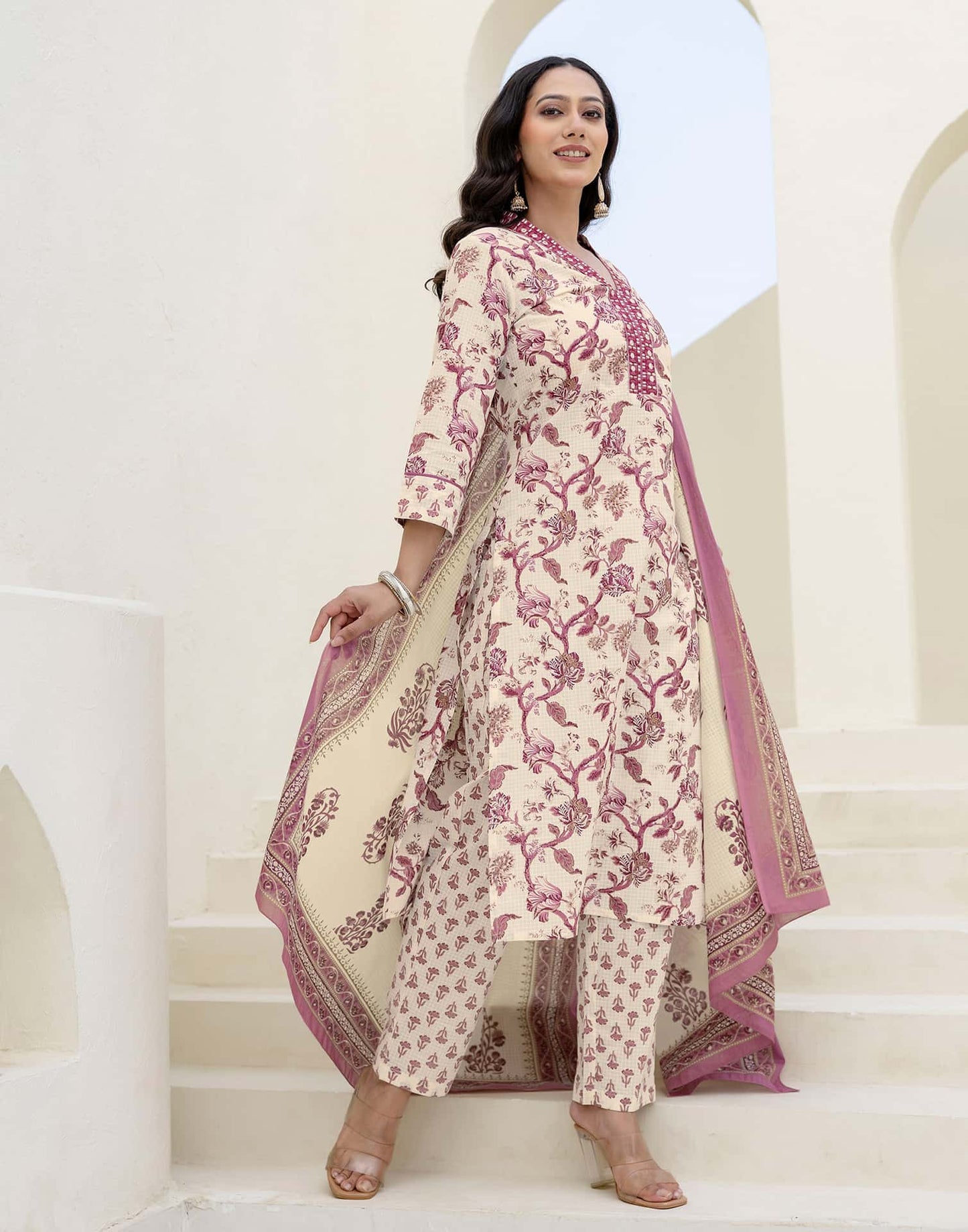 Cotton Printed, Embroidery and Mirror Work, Foil Print A-Line Kurta with Pant & Dupatta