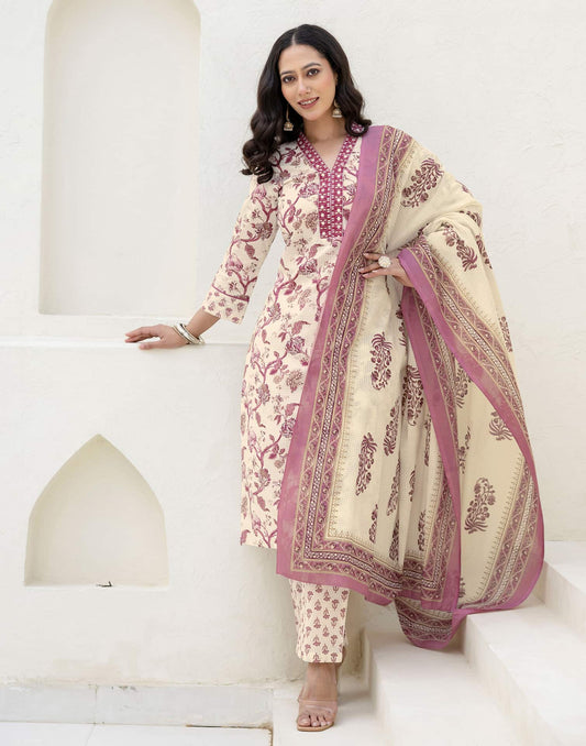 Cotton Printed, Embroidery and Mirror Work, Foil Print A-Line Kurta with Pant & Dupatta