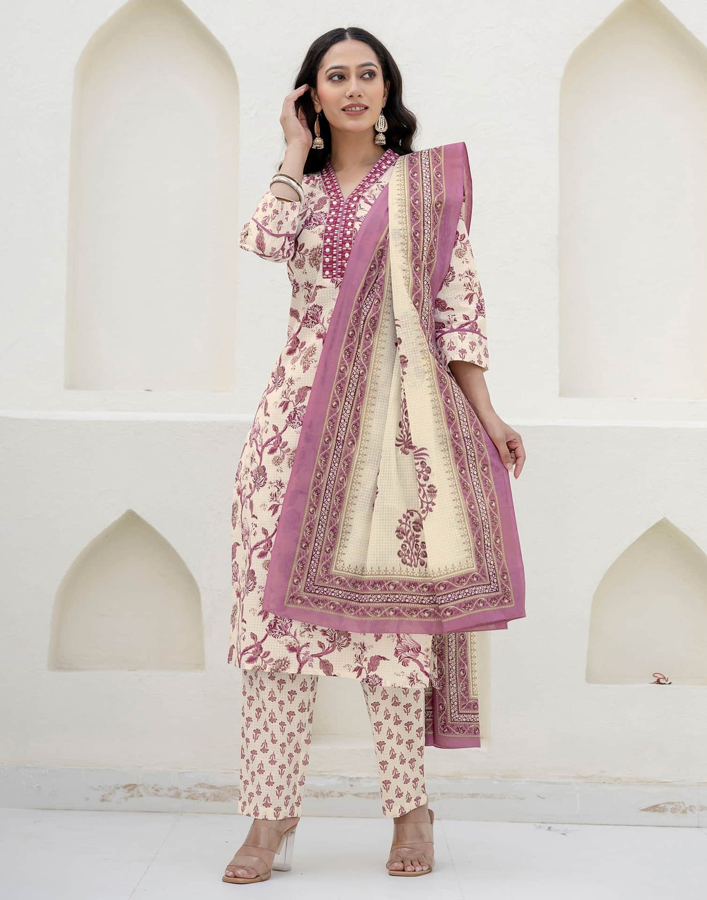 Cotton Printed, Embroidery and Mirror Work, Foil Print A-Line Kurta with Pant & Dupatta