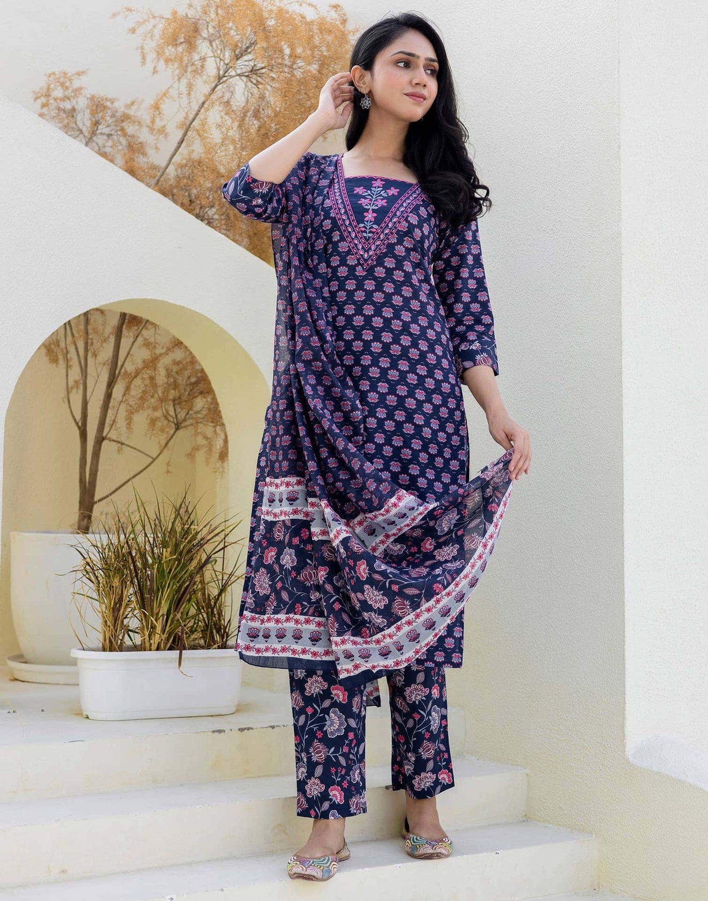 Cotton Embroidery and Sequins Work, Printed, Fabric Lace Straight Kurta with Pant & Dupatta