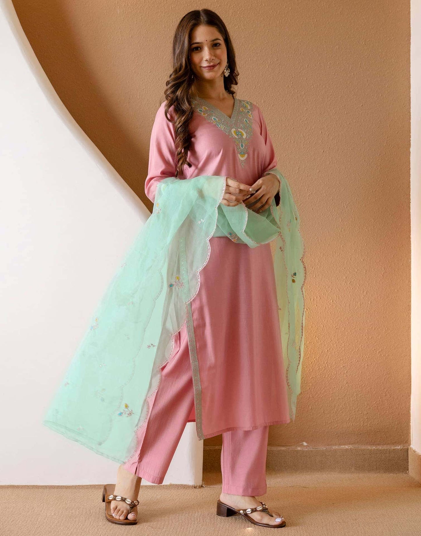 Silk Embroidered Straight Kurta with Pant & Dupatta