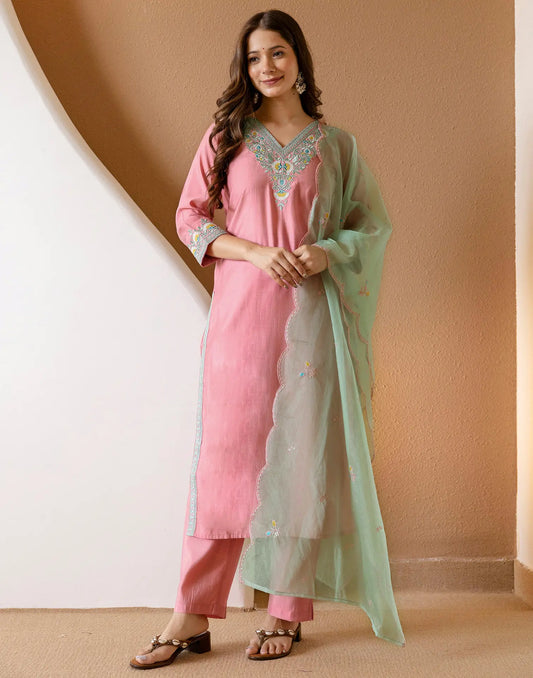 Silk Blend Embroidered Straight 3 Piece Kurta Set