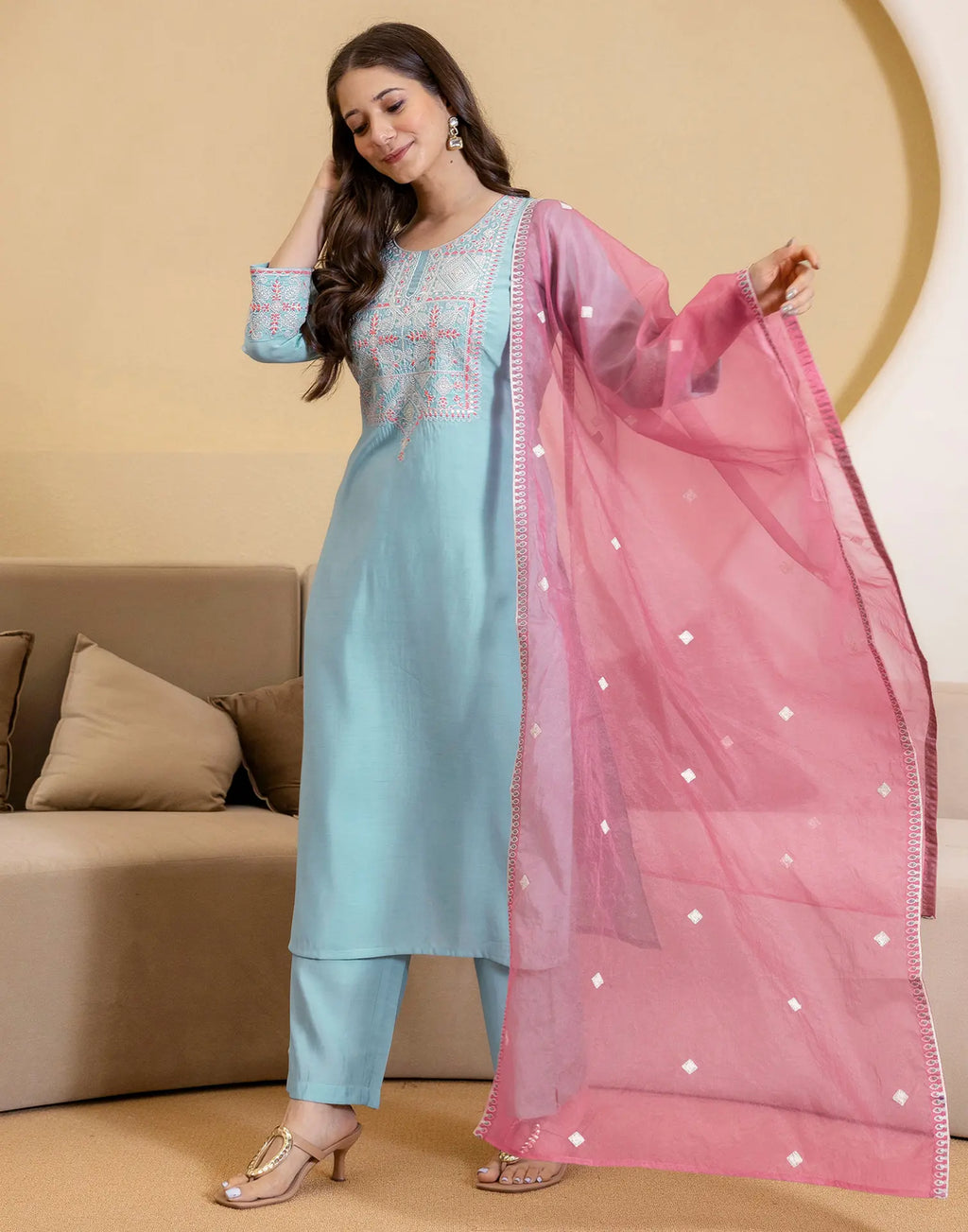 Silk Embroidered Straight 3 Piece Kurta Set