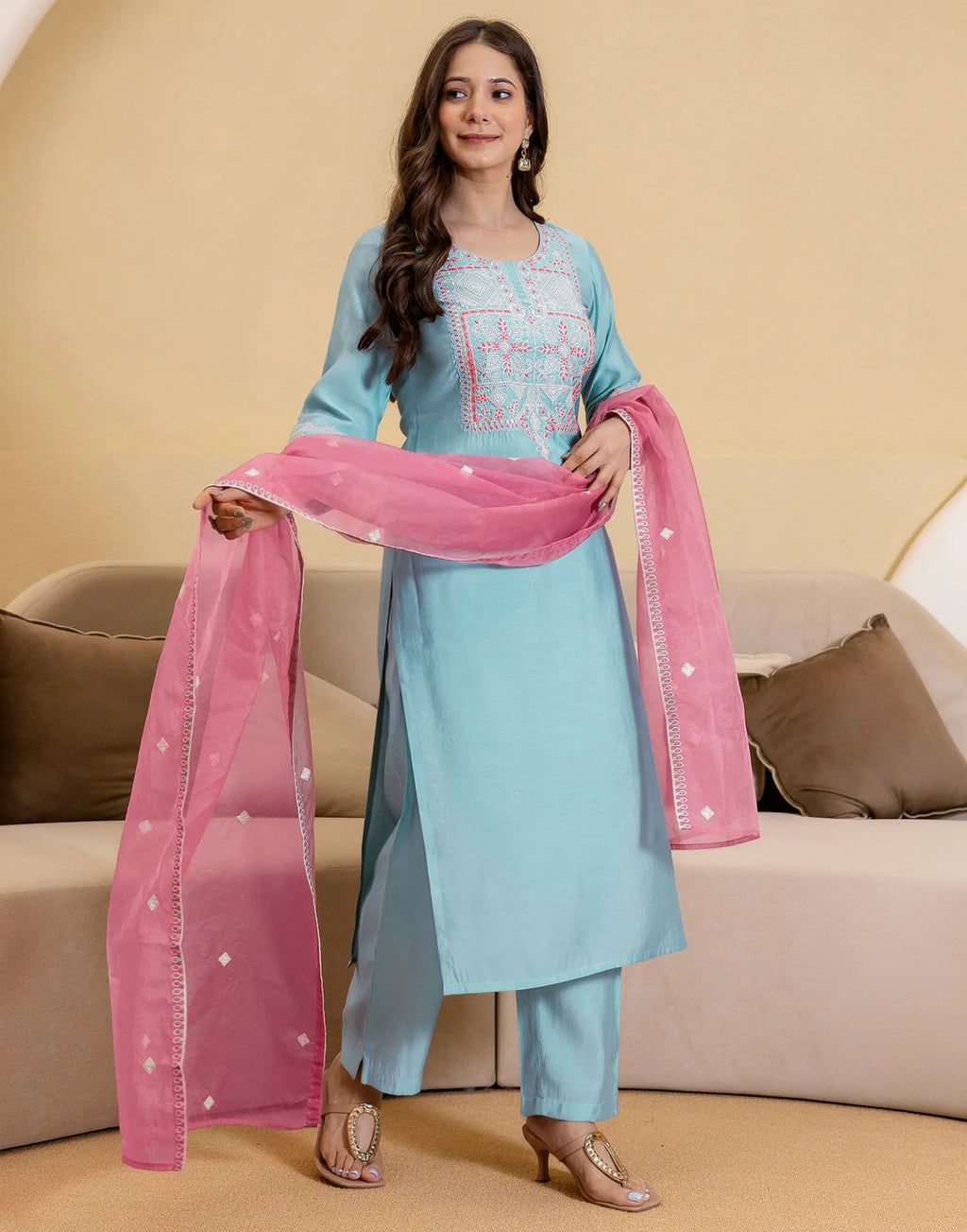 Silk Embroidered Straight 3 Piece Kurta Set