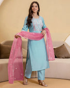Silk Embroidered Straight 3 Piece Kurta Set