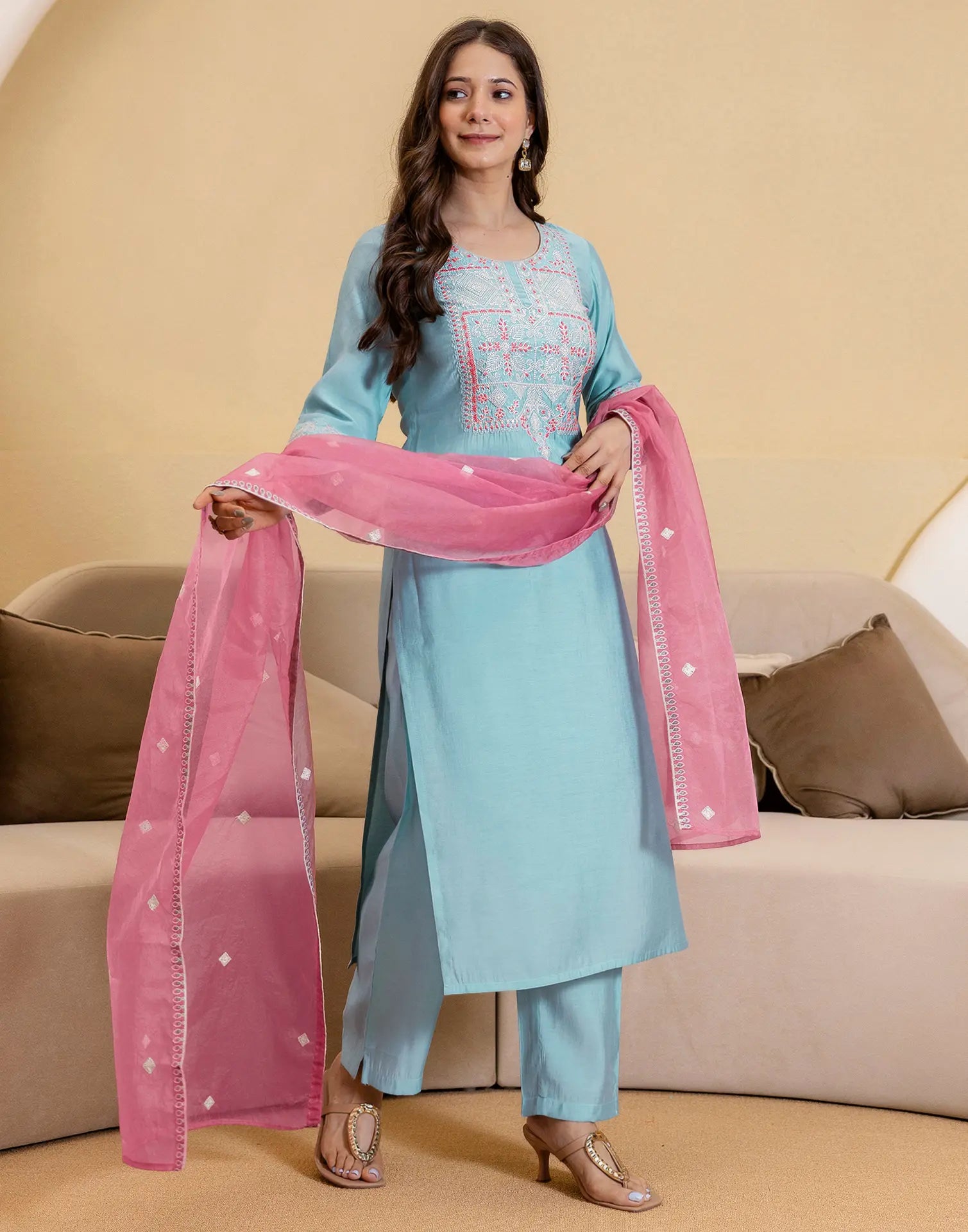 Silk Embroidered Straight 3 Piece Kurta Set