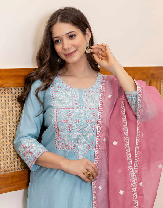 Silk Blend Embroidered Straight Kurta with Pant & Dupatta