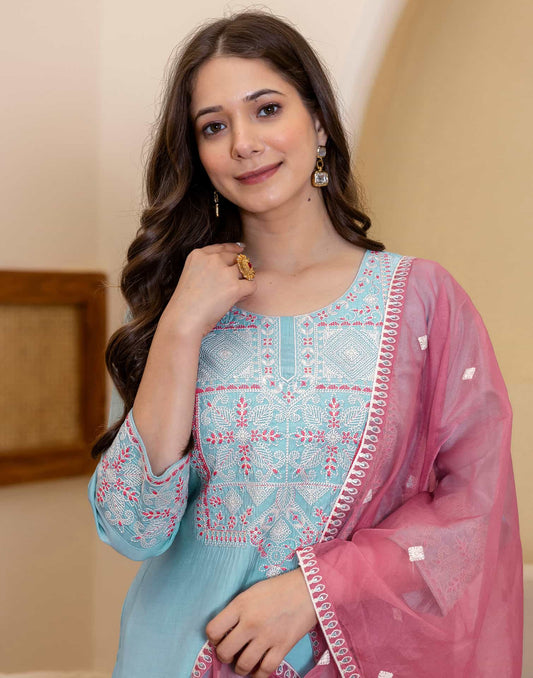 Silk Blend Embroidered Straight Kurta with Pant & Dupatta