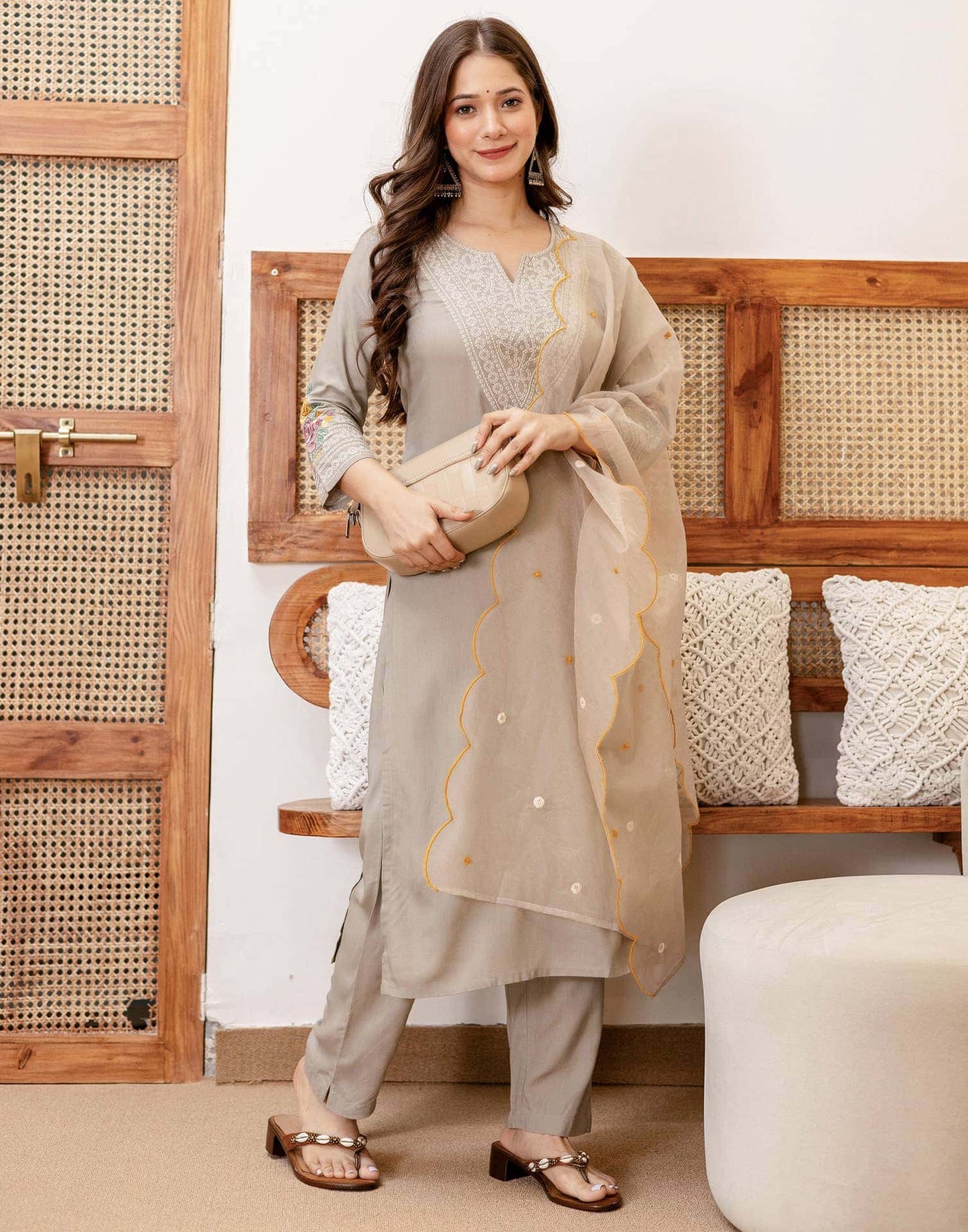 Rayon Embroidered Straight Kurta with Pant & Dupatta