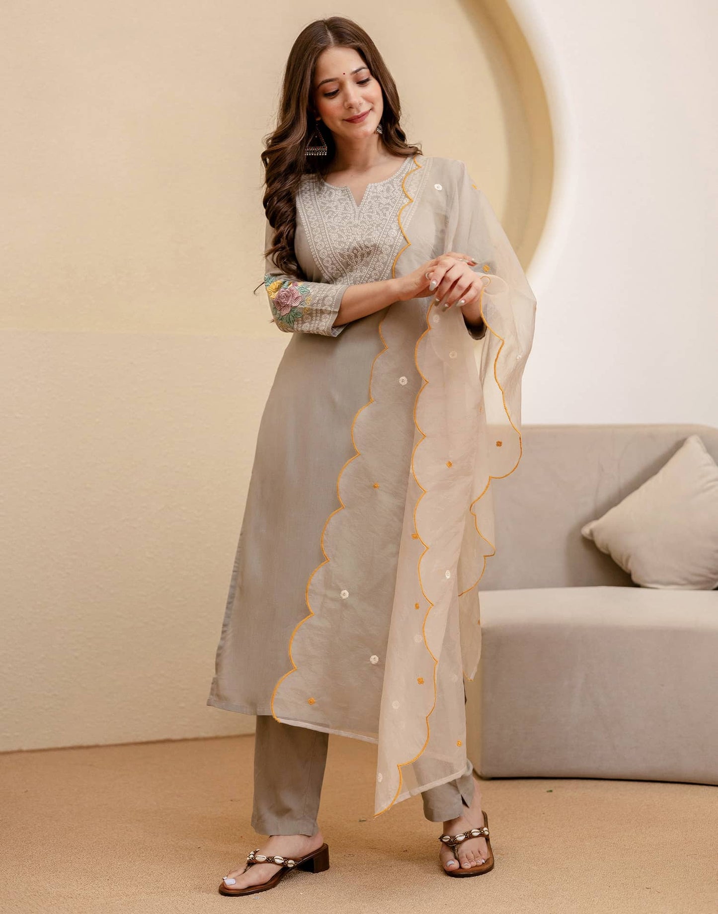 Rayon Embroidered Straight Kurta with Pant & Dupatta