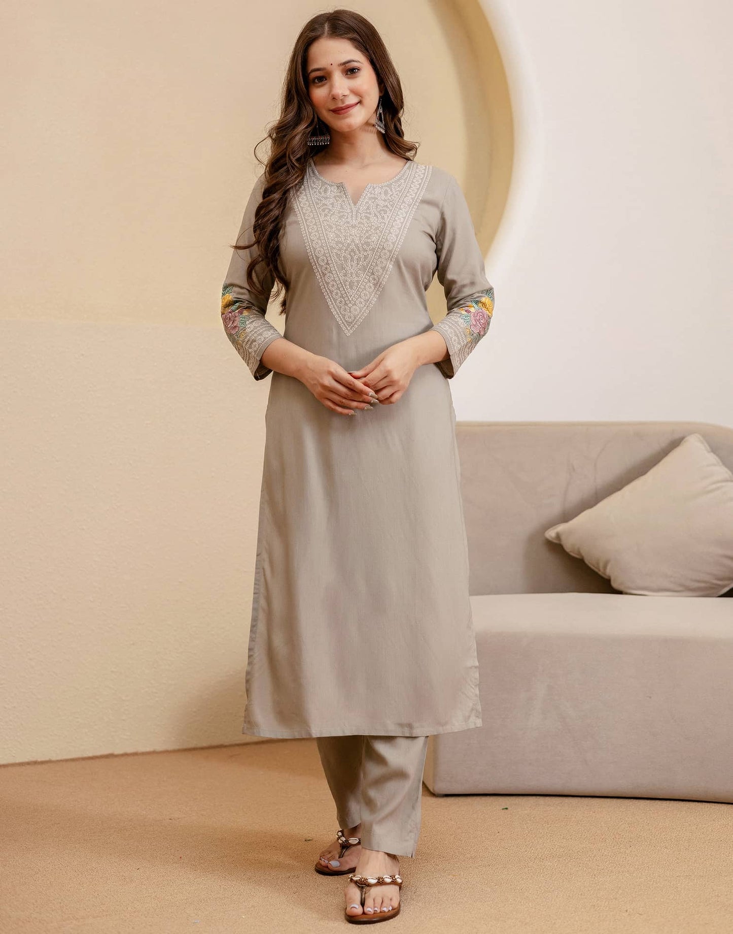 Rayon Embroidered Straight Kurta with Pant & Dupatta