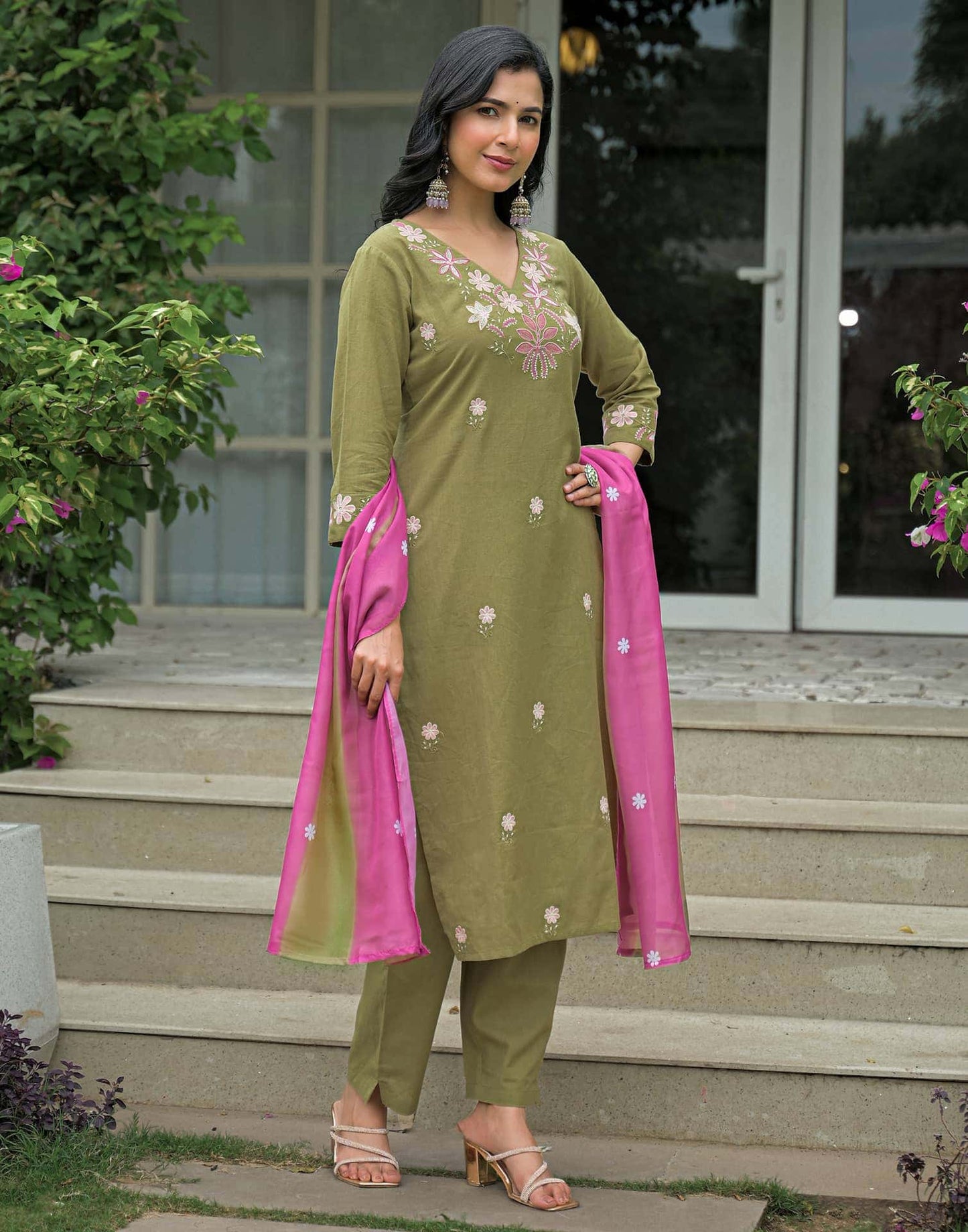 Cotton Embroidered Straight Kurta with Pant & Dupatta