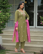 Silk Blend Embroidered Straight 3 Piece Kurta Set