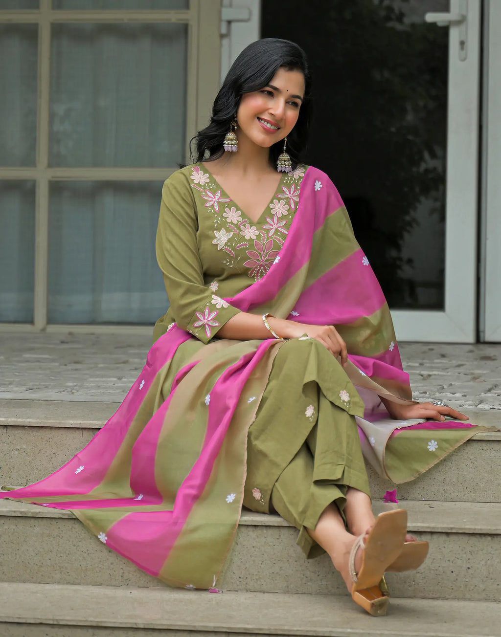 Silk Blend Embroidered Straight 3 Piece Kurta Set