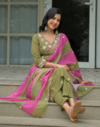 Silk Blend Embroidered Straight 3 Piece Kurta Set