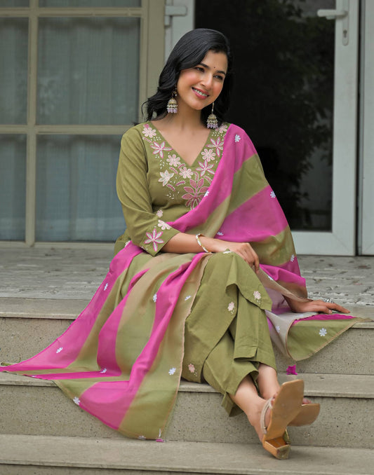 Cotton Embroidered Straight Kurta with Pant & Dupatta